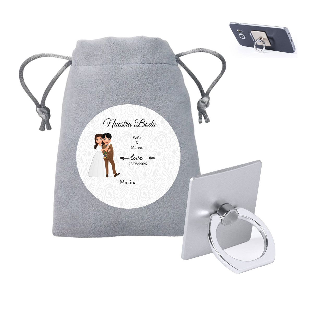 Soporte anillo para móvil presentado en bolsa de antelina y adhesivo personalizado de bodas