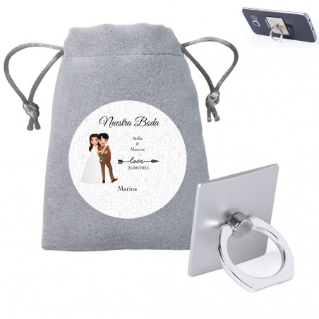 Soporte anillo para móvil presentado en bolsa de antelina y adhesivo personalizado de bodas