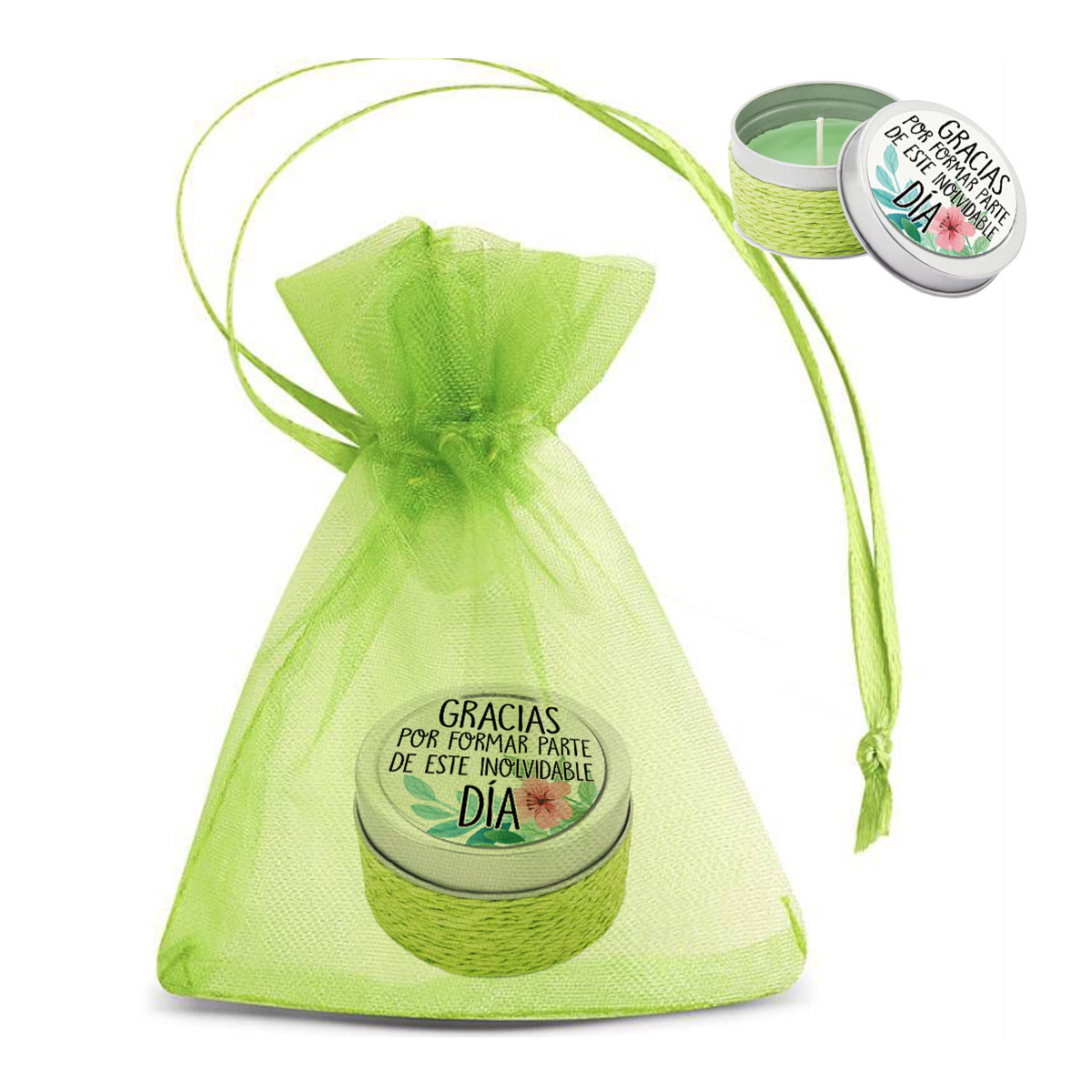 Vela aromática en lata personalizada con adhesivo y presentada en bolsa de organza