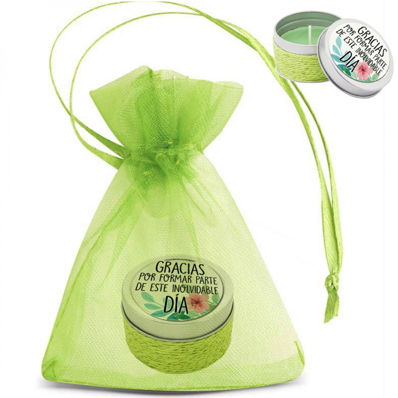 Vela aromática en lata personalizada con adhesivo y presentada en bolsa de organza