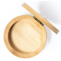 Joyero de madera con espejo presentado en bolsa rústica y adhesivo de bodas