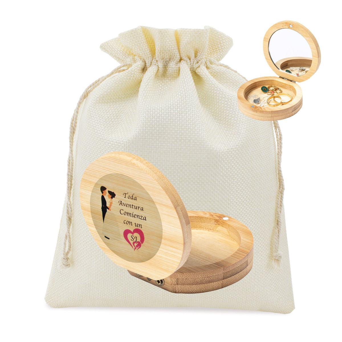 Joyero de madera con espejo presentado en bolsa rústica y adhesivo de bodas