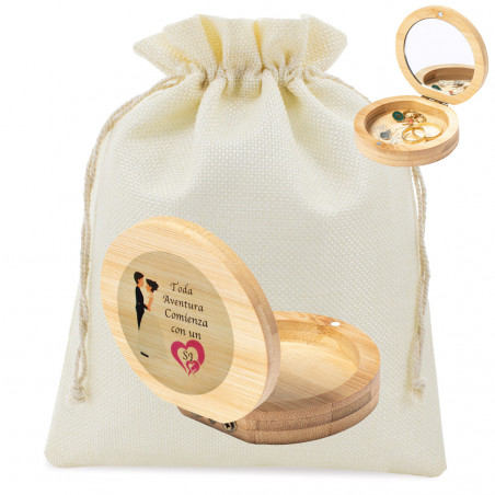 Joyero de Madera con Espejo Presentado en Bolsa Rústica y Adhesivo de Bodas