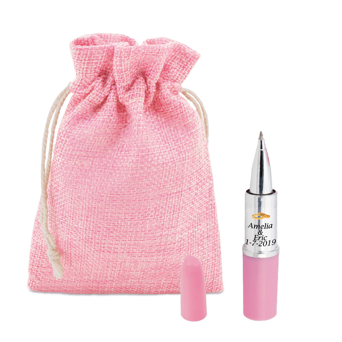 Boli pintalabios en bolsa rústica color rosa personalizado