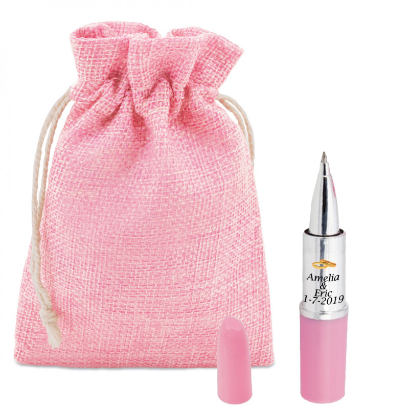 Boli pintalabios en bolsa rústica color rosa personalizado