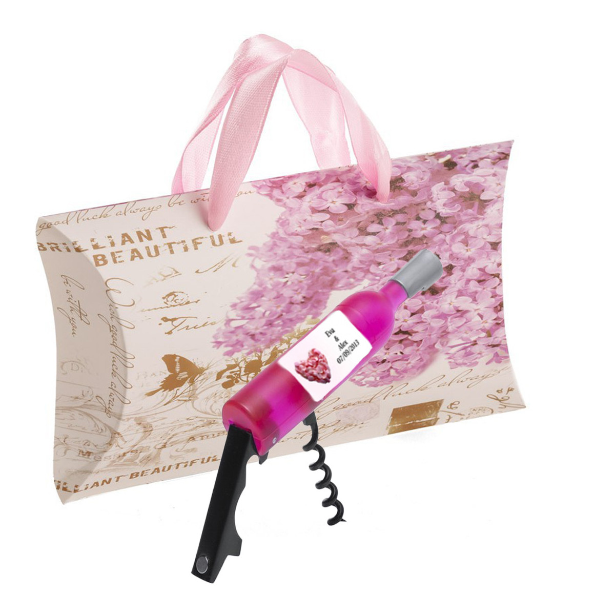 Sacacorchos en forma de botella personalizado con pegatina de bodas y presentado en caja de cartón con asa