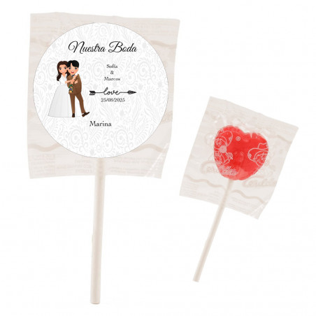Piruleta en forma de corazón rojo personalizada con adhesivo de bodas