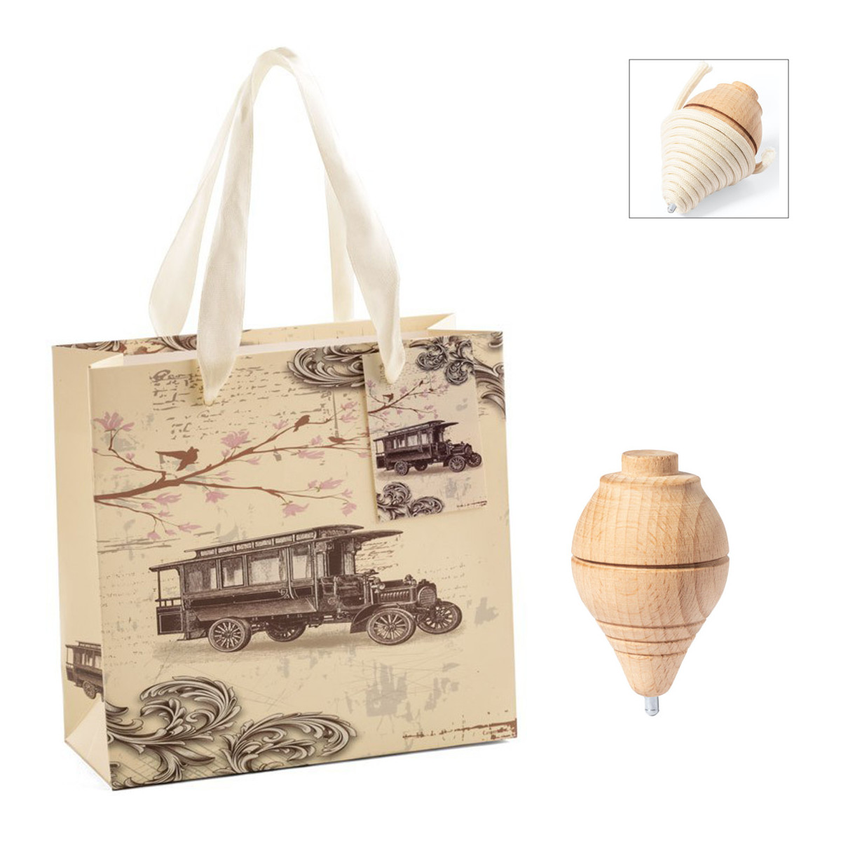 Trompo de madera con hilo presentado en bolsa estilo vintage