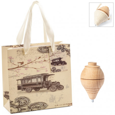 Trompo de madera con hilo presentado en bolsa estilo vintage
