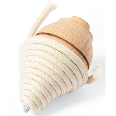 Trompo de madera con hilo presentado en bolsa estilo vintage