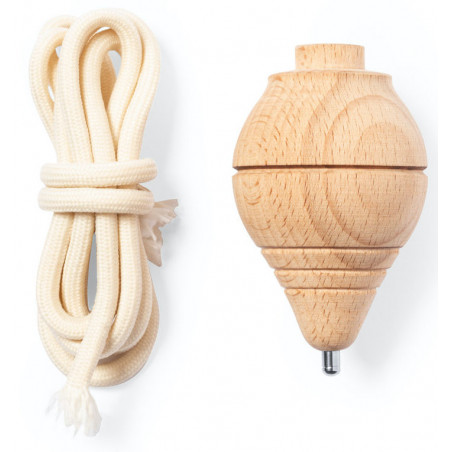 Trompo de madera con hilo presentado en bolsa estilo vintage