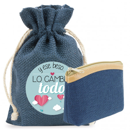 Monedero rústico en color azul y bolsa presentado con adhesivo