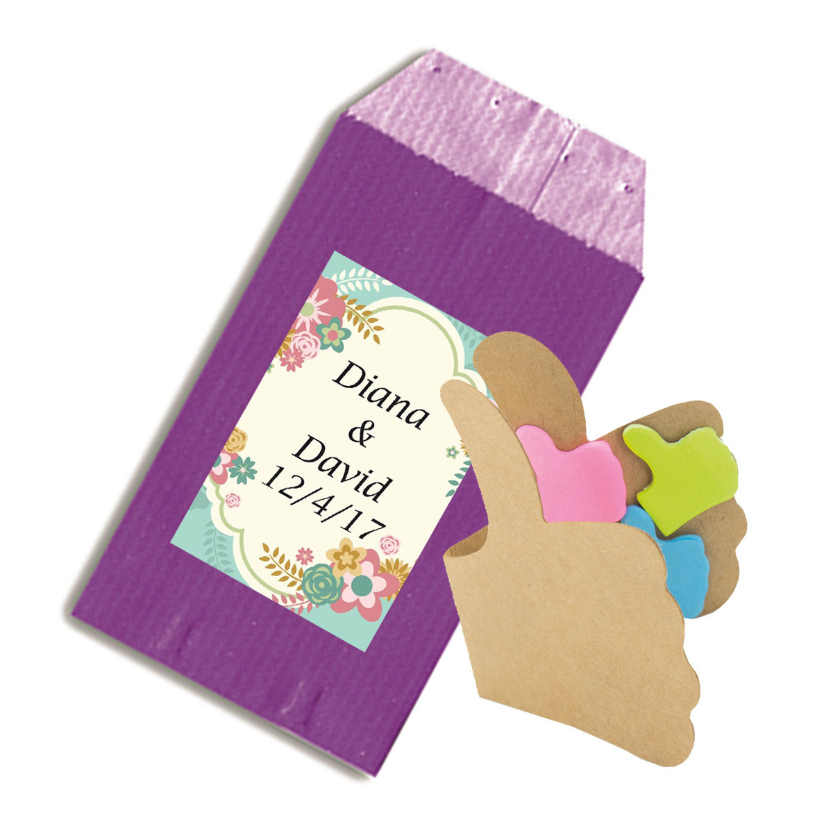 Libreta de notas adhesivas de colores y forma de ok presentada en sobre de kraft y adhesivo de boda personalizado