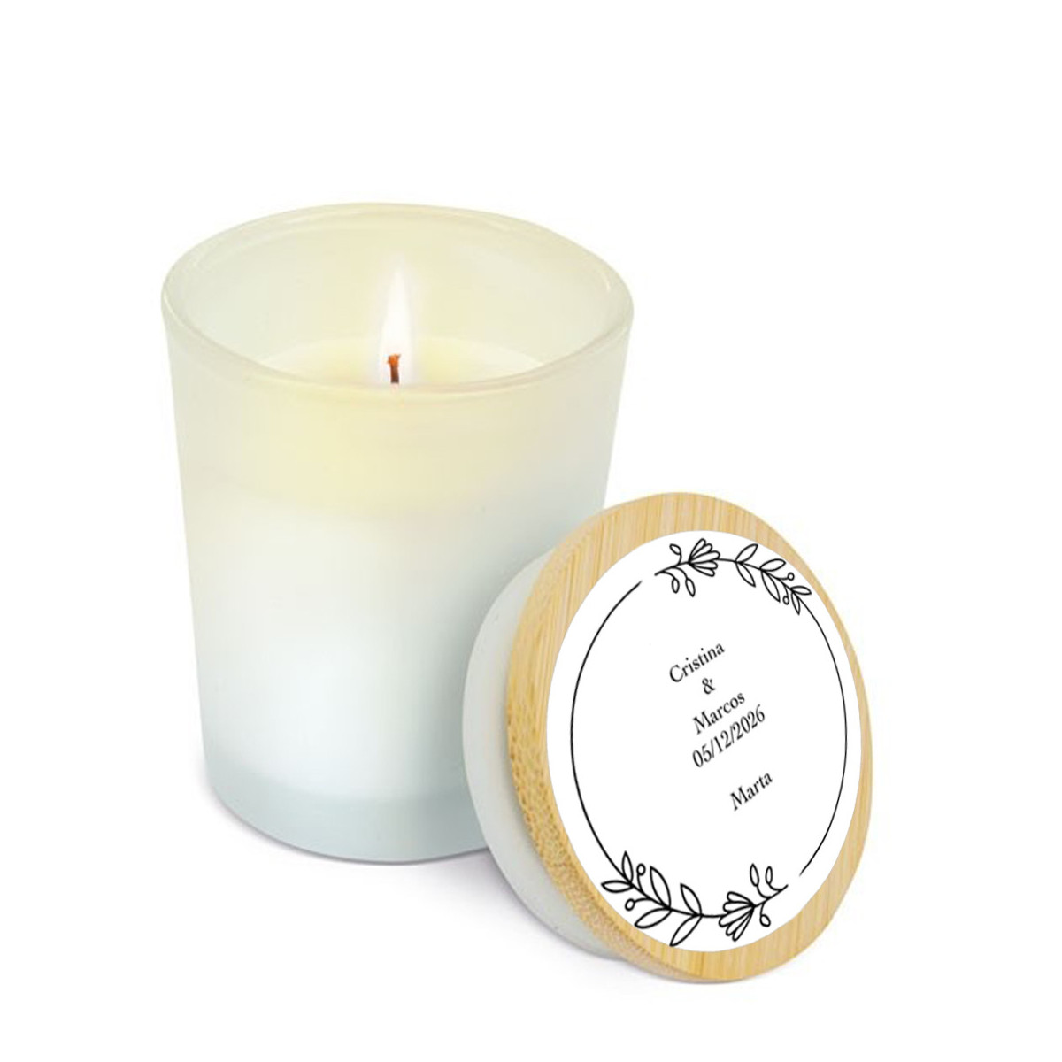 Vela en tarro de cristal con tapadera de bambú personalizada