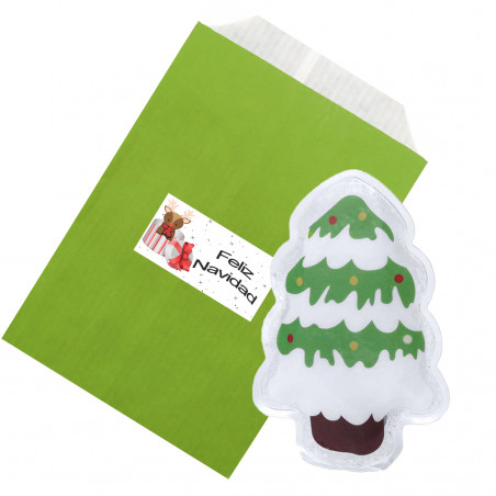 Calientamanos de Bolsillo en Forma de Árbol de Navidad Presentado en Sobre Verde con Adhesivo Navideño