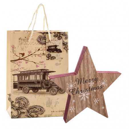 Estrella de navidad de madera decorativa presentada en bolsa de regalo