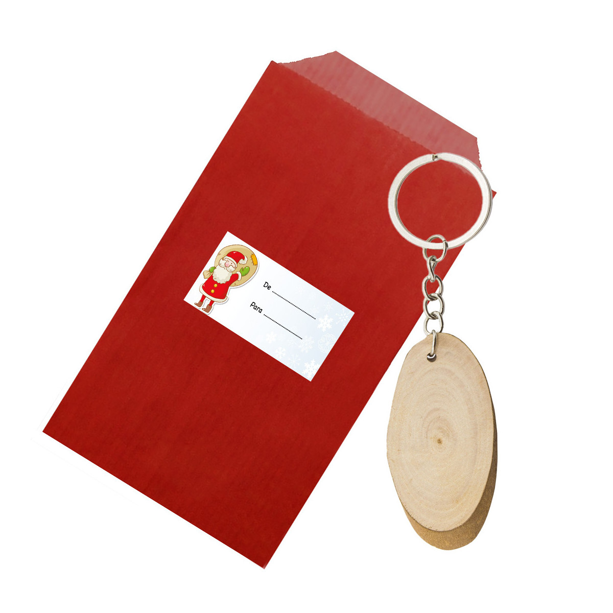 Llavero tronco de madera presentado en sobre rojo kraft con adhesivo para la navidad