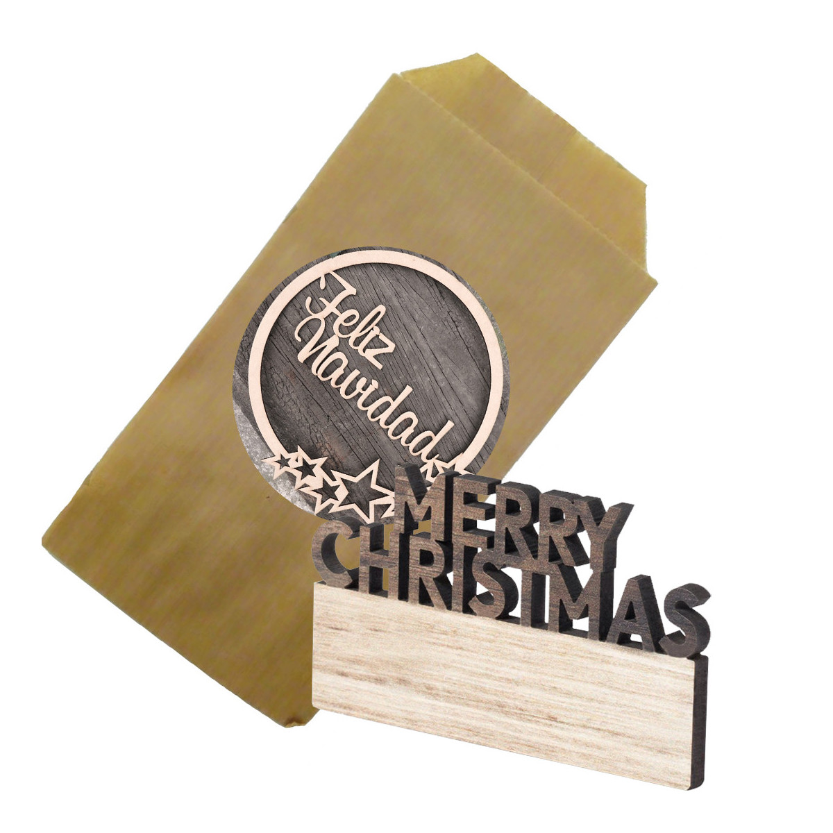 Imán de navidad con frase navideña en sobre de regalo y adhesivo con imagen personalizada