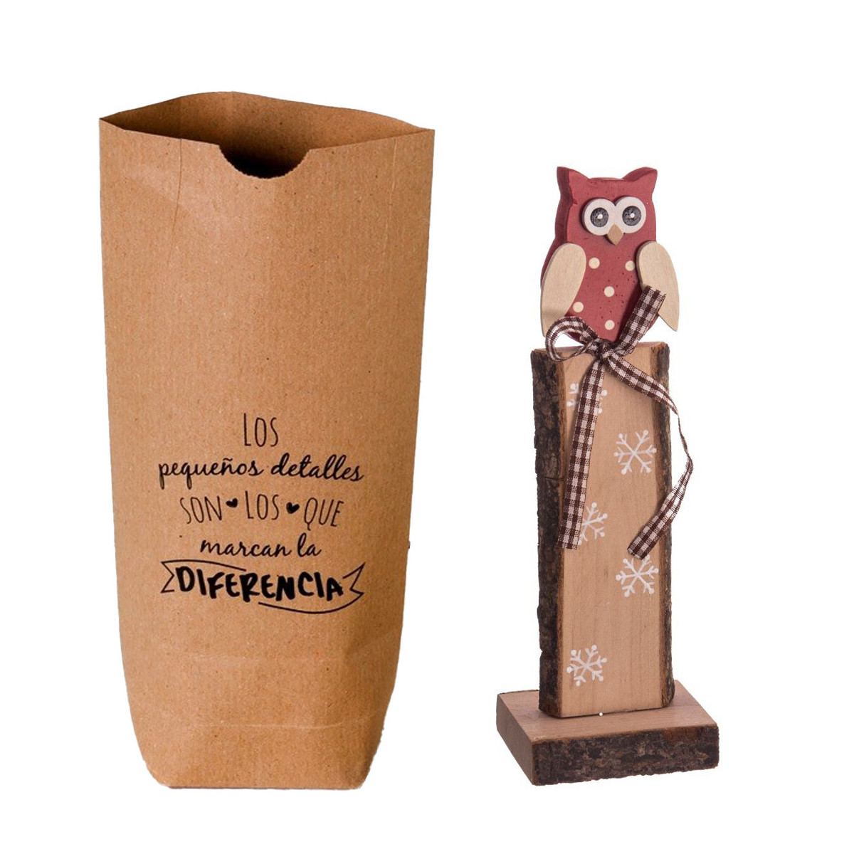 Adorno de navidad en forma de búho de madera en bolsa de papel kraft con frase dedicatoria