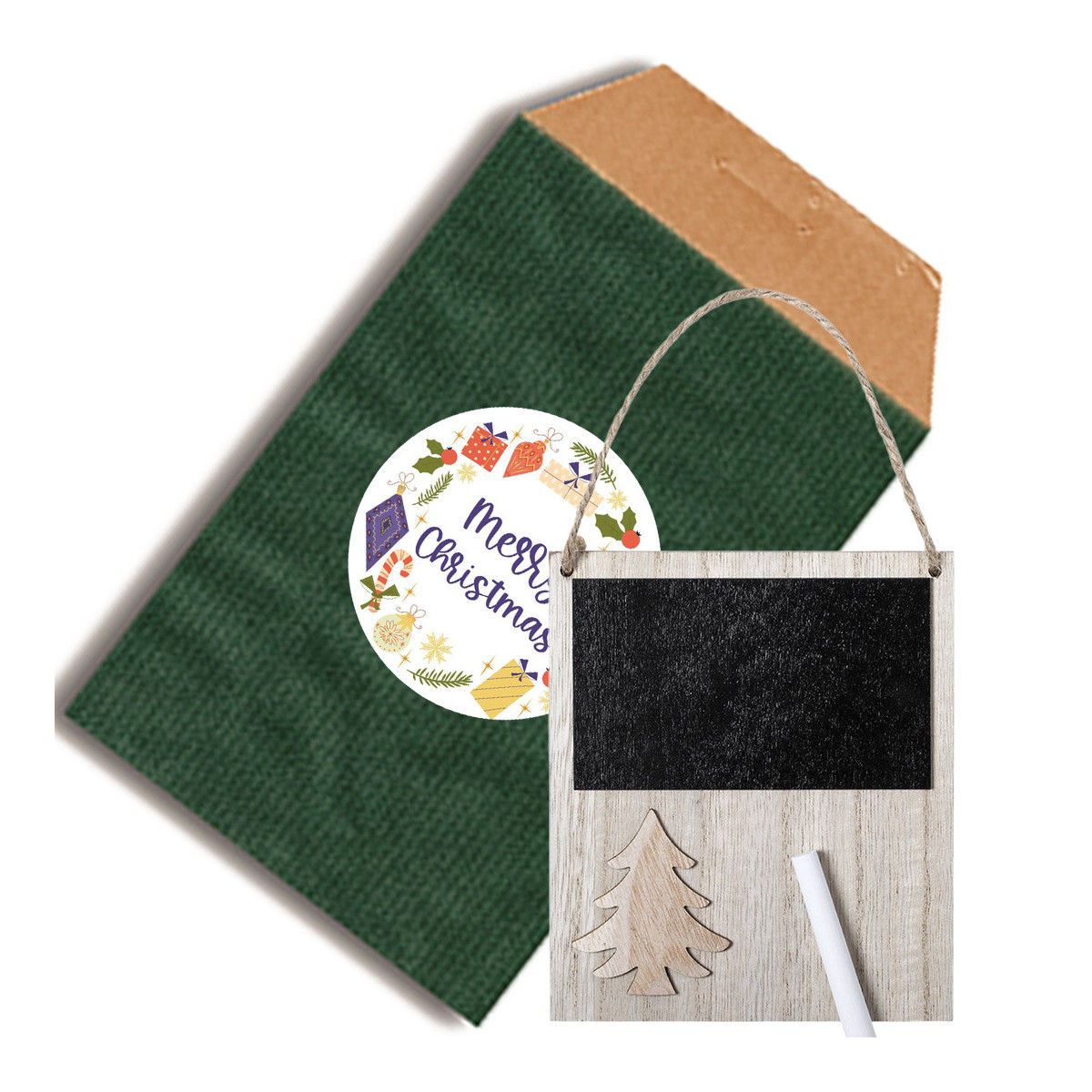 Pizarra de madera pequeña de navidad en sobre de diseño kraft verde y adhesivo personalizado con tu imagen