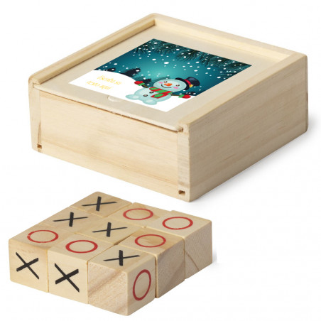 Juego tres en raya en caja de madera personalizado con frase en adhesivo navideño