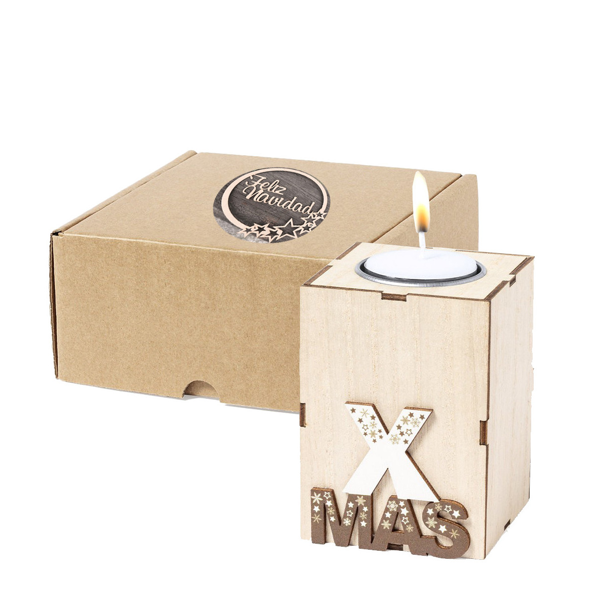 Portavela de navidad en madera presentada en caja de cartón color marrón con adhesivo de imagen