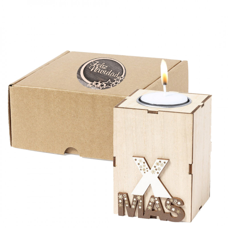Portavela de navidad en madera presentada en caja de cartón color marrón con adhesivo de imagen