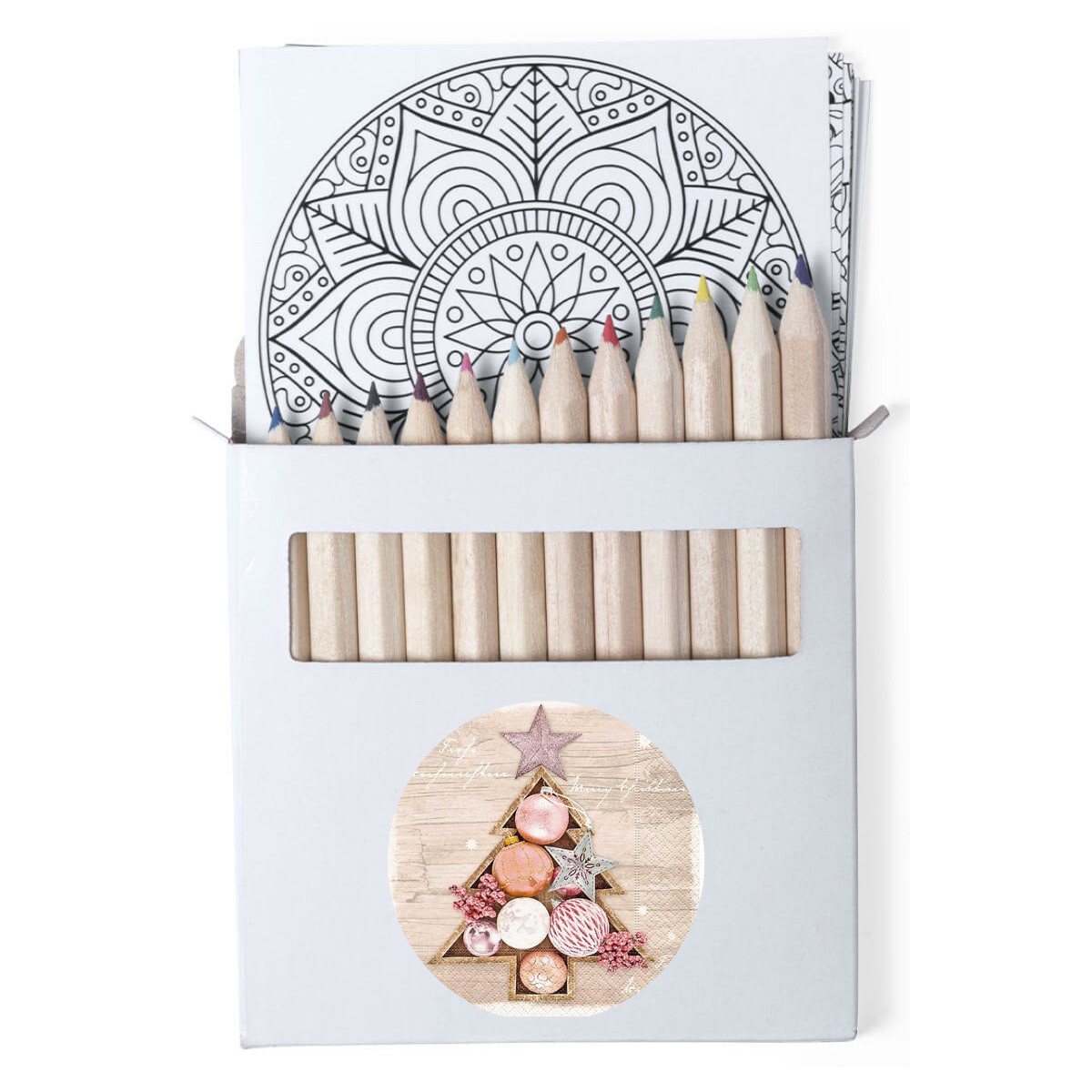 Lápices de colores en caja de cartón con láminas de mandalas y adhesivo personalizable para navidad