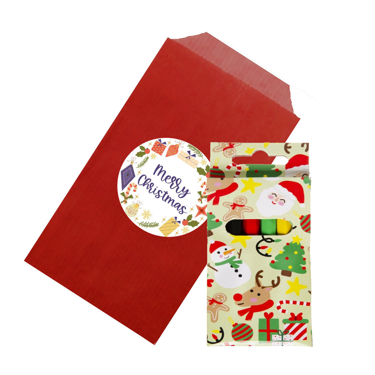 Caja de ceras de colores con motivo navideño y presentado en sobre rojo con adhesivo personalizado para navidad