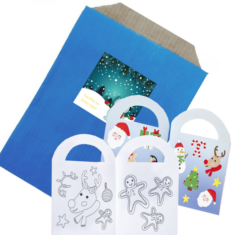 Libro de navidad para colorear presentado en sobre de regalo kraft azul y adhesivo de navidad para personalizar