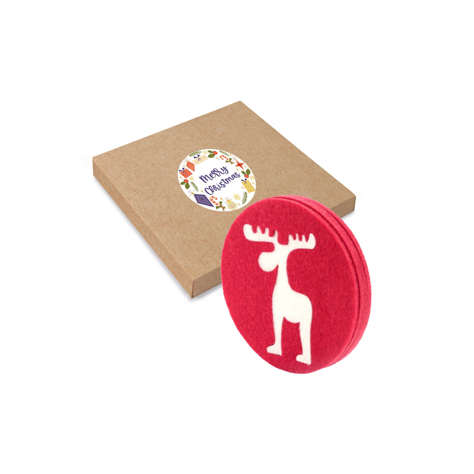 Posavasos hecho de fieltro con diseño de navidad en caja de cartón con adhesivo personalizable