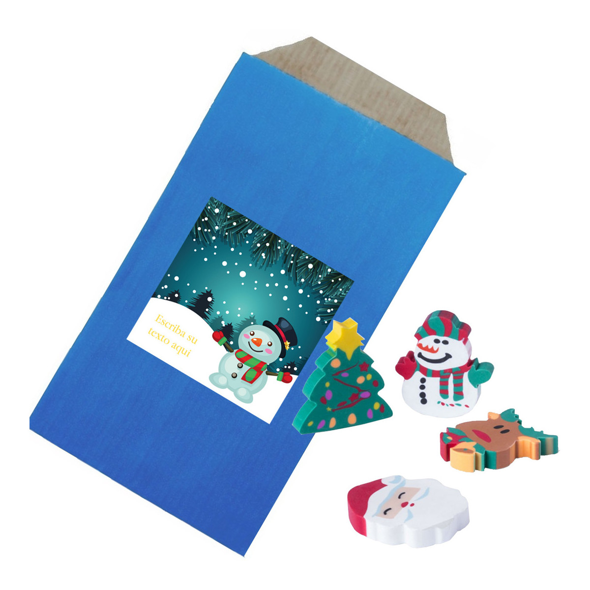 Gomitas de borrar con forma de muñecos de navidad presentado en sobre de regalo y pegatina para personalizar