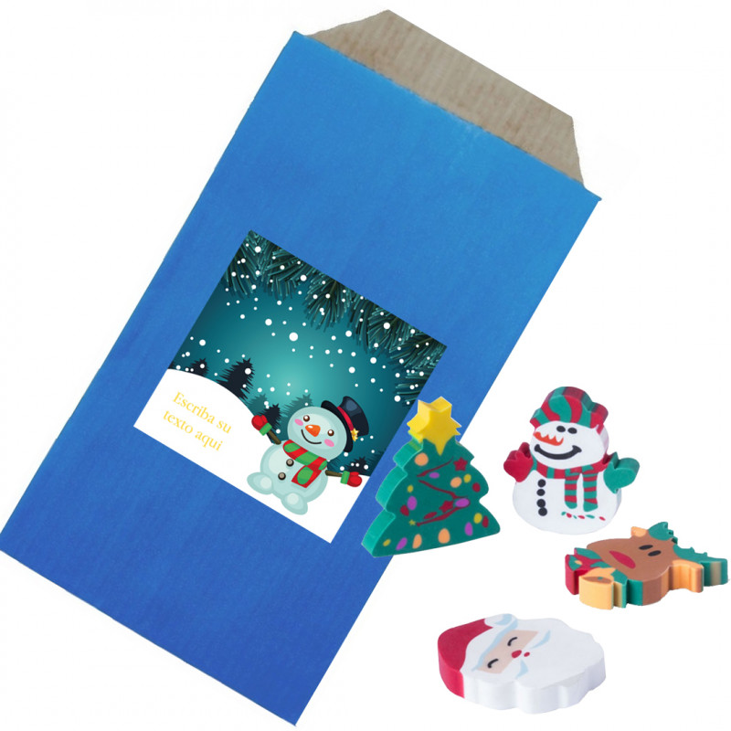 Gomitas de borrar con forma de muñecos de navidad presentado en sobre de regalo y pegatina para personalizar