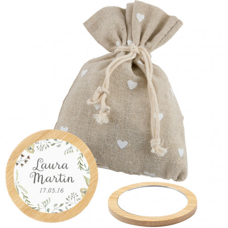 Espejo para el bolso con funda de tela rústica y adhesivo personalizado