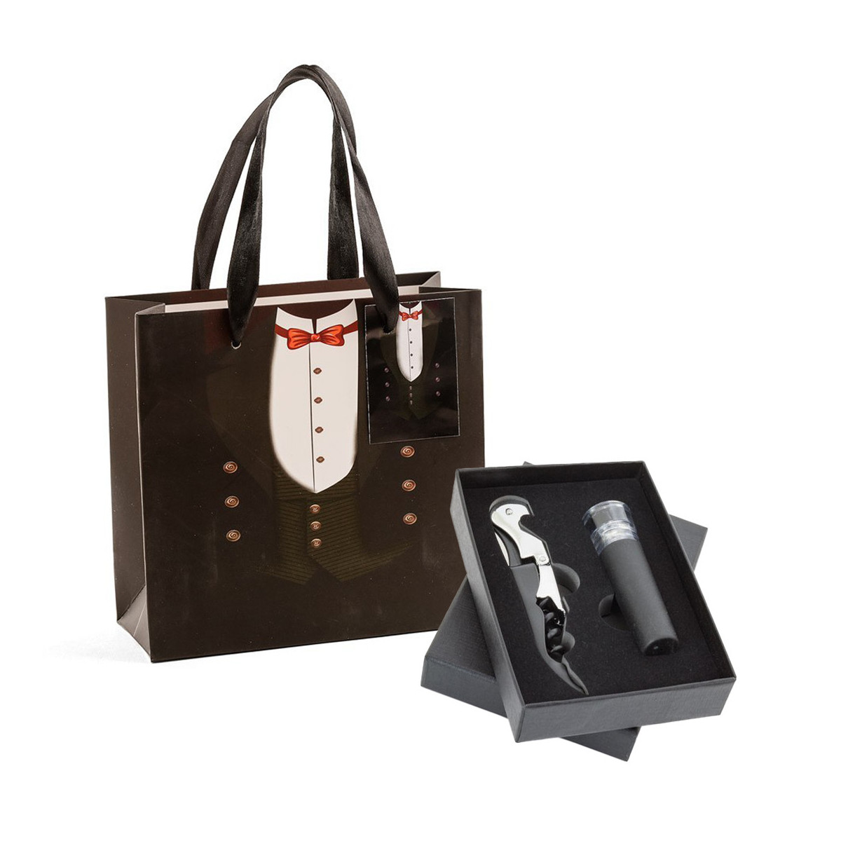 Tapón de vino con bomba de vacío y abrebotellas presentado en caja negra y bolsa de boda