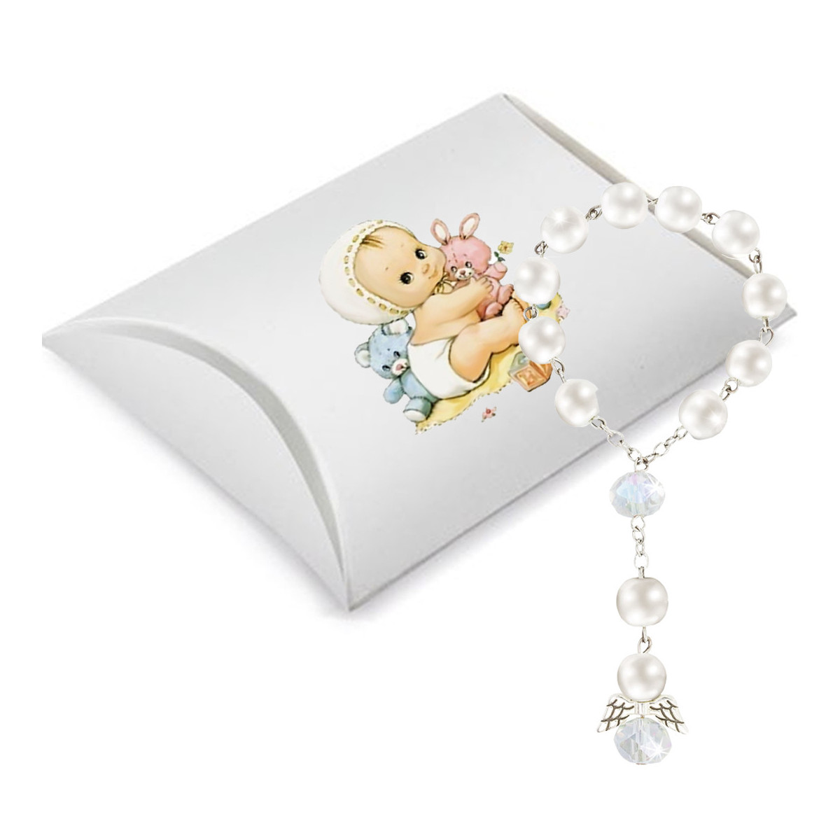 Rosario de perlas blancas para bautizo presentada en caja decorada con adhesivo