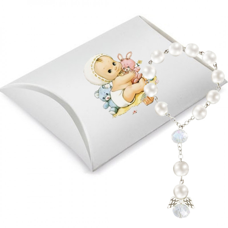 Rosario de perlas blancas para bautizo presentada en caja decorada con adhesivo