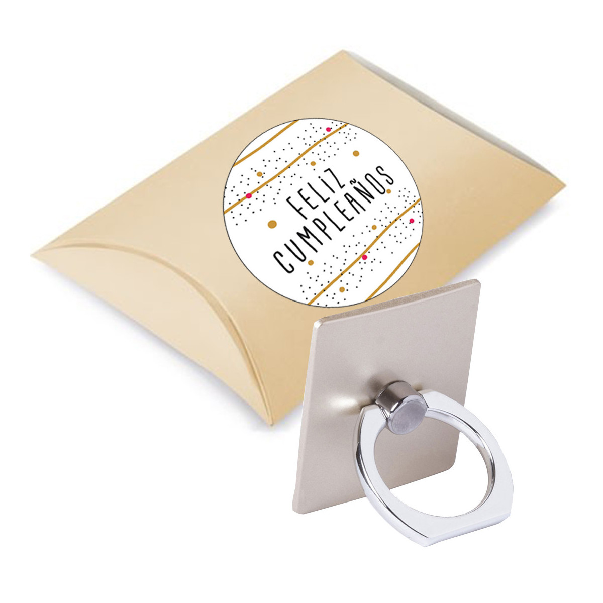 Soporte de móvil con adhesivo presentado en caja de cartón y adhesivo de cumpleaños personalizado