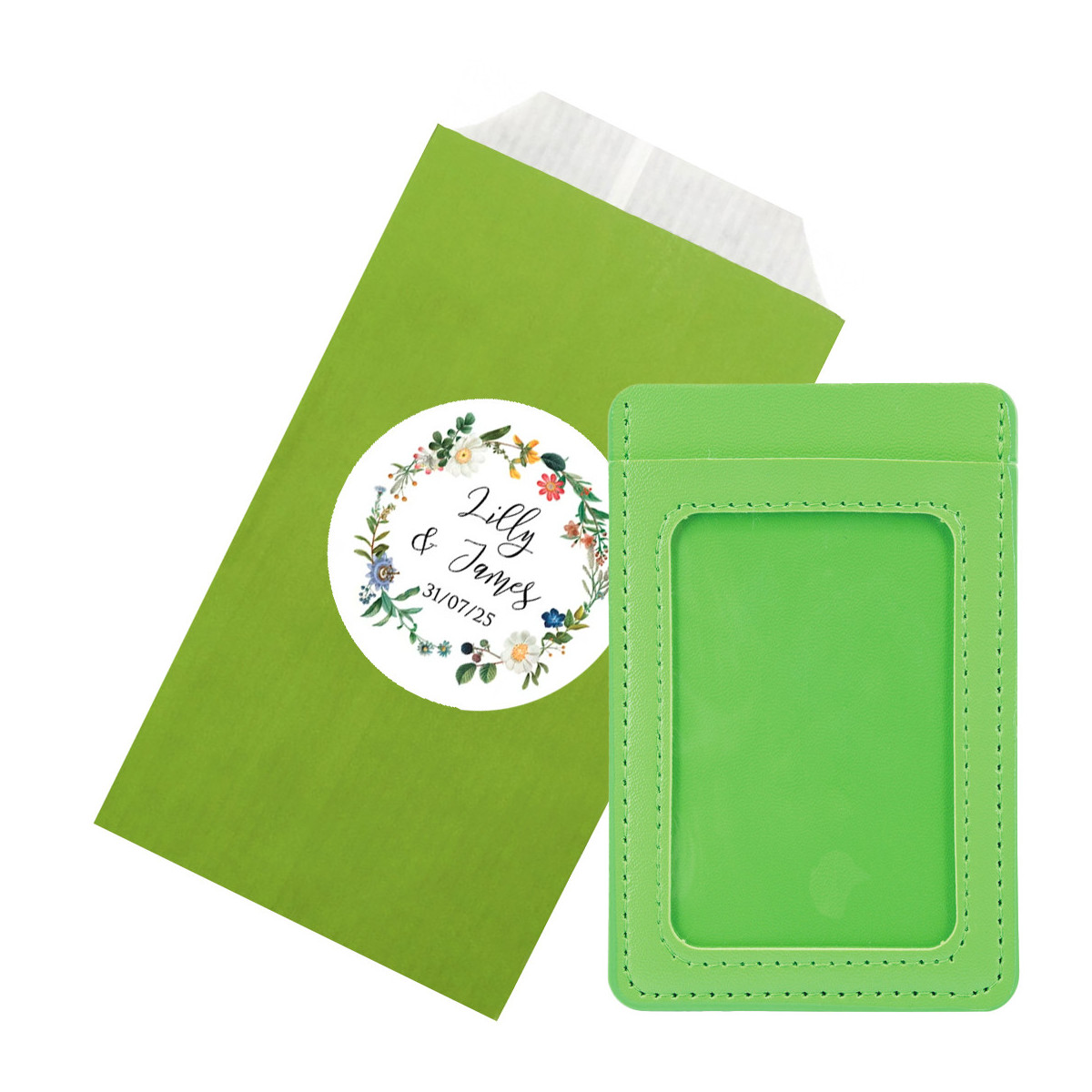 Tarjetero polipiel con ventana en color verde presentado en sobre de papel y adhesivo para foto