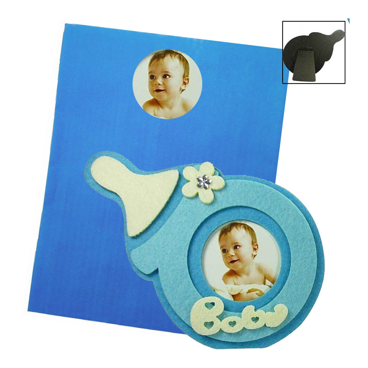 Marco para foto de bebe en forma de biberón en sobre de regalo con adhesivo personalizado con foto
