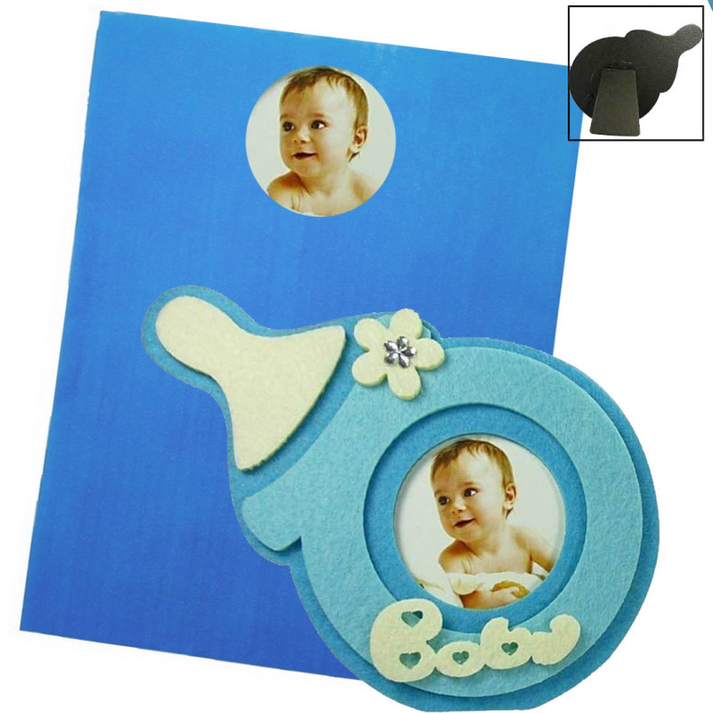 Marco para foto de bebe en forma de biberón en sobre de regalo con adhesivo personalizado con foto