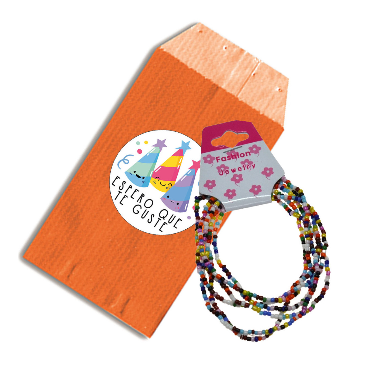 Pulseras de bolitas pequeñas de colores con sobre de regalo en color naranja y adhesivo con frase