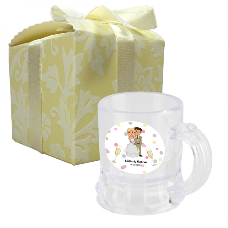 Jarra Chupito en Caja Bonita con Adhesivo Pequeño Personalizado de Bodas Jarra Chupito en Caja Bonita con Adhesivo Pequeño Personalizado de Bodas