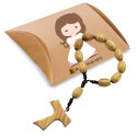 Pulsera Rosario de Madera Presentado en Caja Kraft y Adhesivos de Comunión