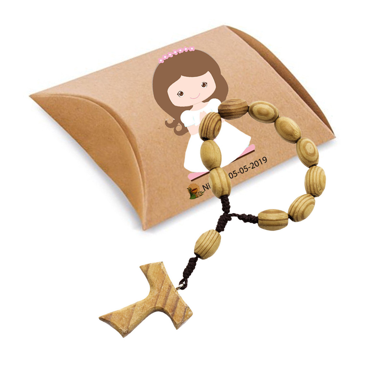 Pulsera rosario de madera presentado en caja kraft y adhesivos de comunión