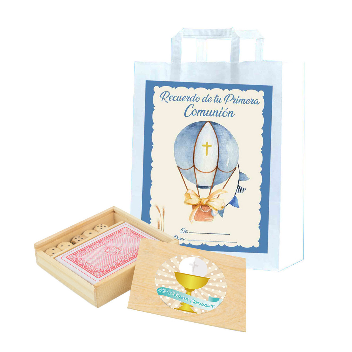 Cartas y dados en caja de madera personalizada con adhesivos de comunión y bolsa de regalo especial comunión