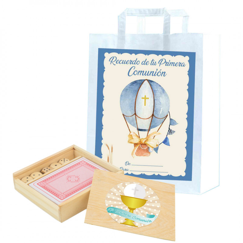 Cartas y dados en caja de madera personalizada con adhesivos de comunión y bolsa de regalo especial comunión