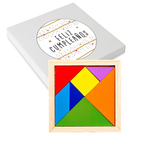 Tangram con 7 piezas en caja de cartón con adhesivo de cumpleaños