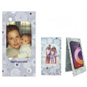 Soporte de cartón para el móvil con espacio para dos fotos presentado en sobre de regalo con adhesivo de bodas con imagen