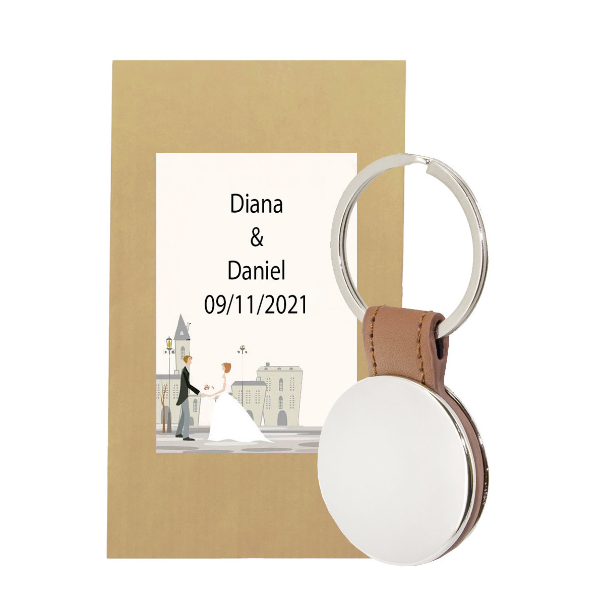 Llavero polipiel redondo personalizado con sobre de regalo y adhesivo para bodas